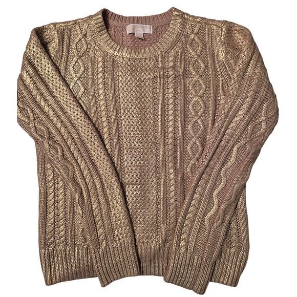 MICHAEL KORS RUBBED GOLD METALLIC PULLOVER SWEATER CHUNKY KNIT SIZE M NWOT - Picture 3 of 6